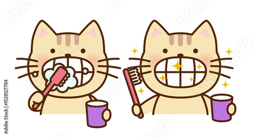 歯みがきをするかわいいねこのイラスト
