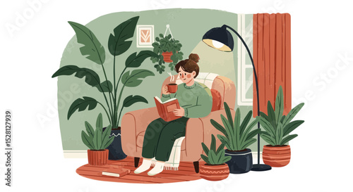 Woman Reading a Book Surrounded by Houseplants in Cozy Living Room