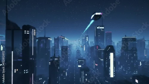 Futuristic Cityscape at Night Neon Lights Glowing Skyscrapers Flying Vehicles Sci Fi Metropolis