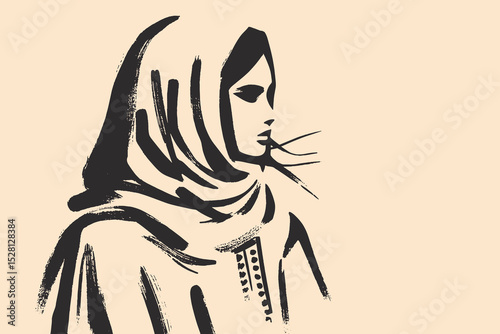Arab woman in desert, bold ink brush style, vector illustration