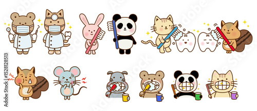 歯医者さんと歯みがきする動物たちのかわいいイラストセット