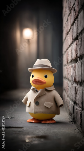 Quirky Rubber Duck Detective in Trench Coat poses near Brick Wall at Night