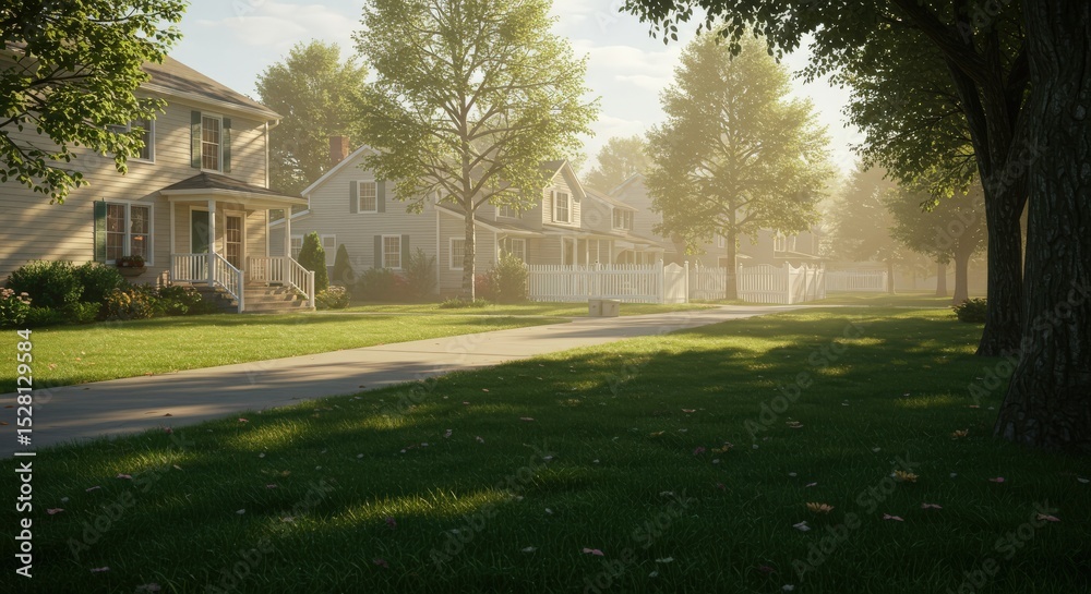 Obraz premium Suburban Morning Mist: Sunlit street scene of charming houses lined with lush green lawns and mature trees, bathed in a soft morning mist.