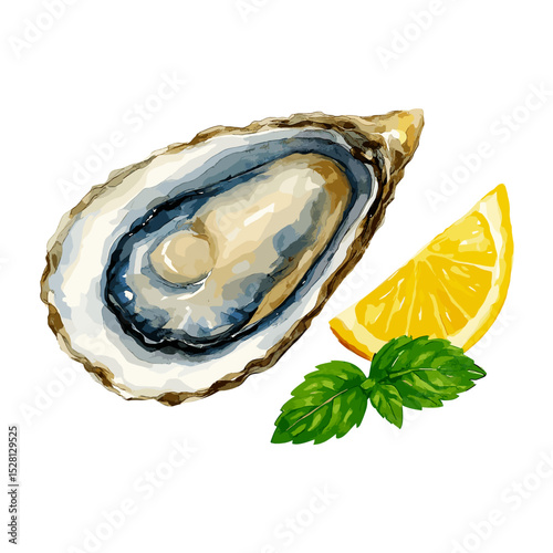 Fresh Oyster with Lemon and Mint  Coastal Cuisine Watercolor