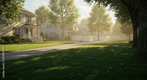 Suburban Morning Mist: Sunlit street scene of charming houses lined with lush green lawns and mature trees, bathed in a soft morning mist.