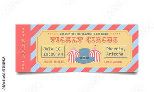 vintage circus ticket in blue and pink colors
