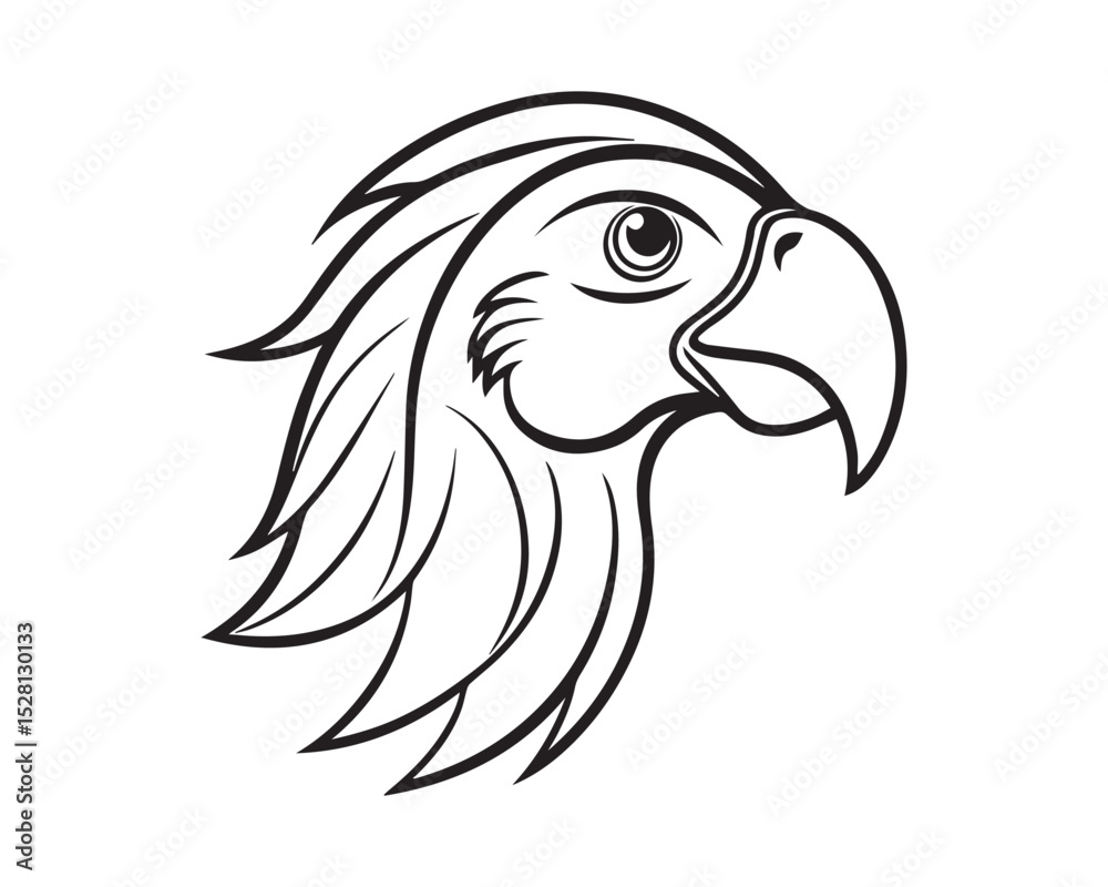 Fototapeta premium A black and white line drawing of a parrot head in profile view isolated on transparent background, PNG 