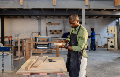 African American coworkers wearing aprons working in shop inspecting wood plank with tape measure photo