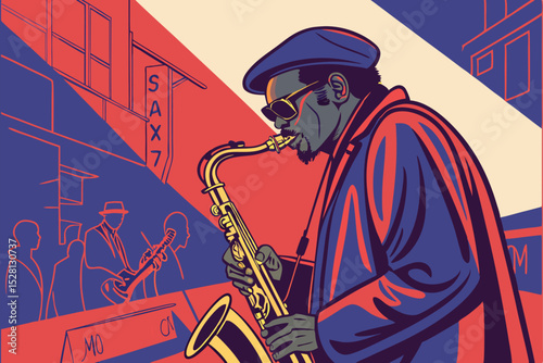 Vector illustration of jazz musician playing the saxophone on the street.