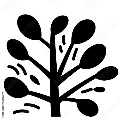 A stylized black illustration of a plant shedding its seeds.