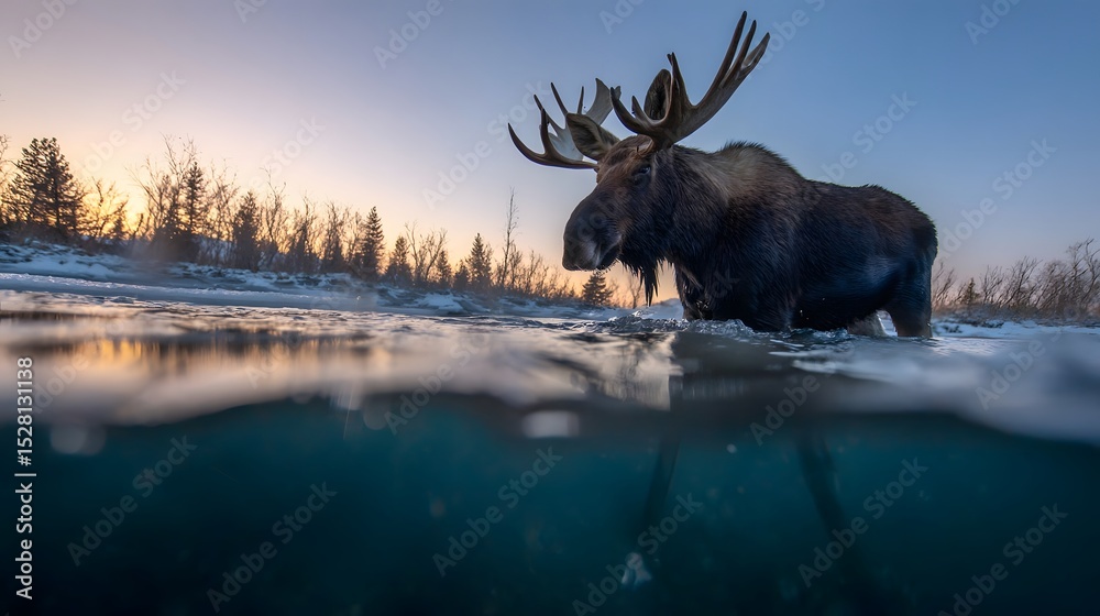 Naklejka premium Majestic moose standing in a serene river at sunset, surrounded by snowy trees and tranquil nature