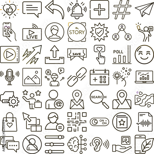 Collection of Linear Social Media, Communication, and Digital Marketing Icons in Format