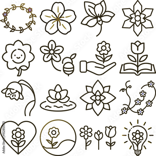 Diverse Flower Icons Wreath, Blossom, Bee, Hand, Book, Heart, Light Bulb, and Floral Elements