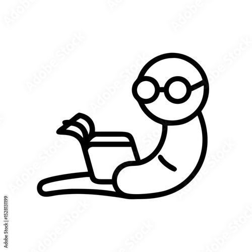 Adorable bookworm character reading book. Cute worm with glasses enjoys literature.  This charming illustration is perfect as an icon for book lovers.