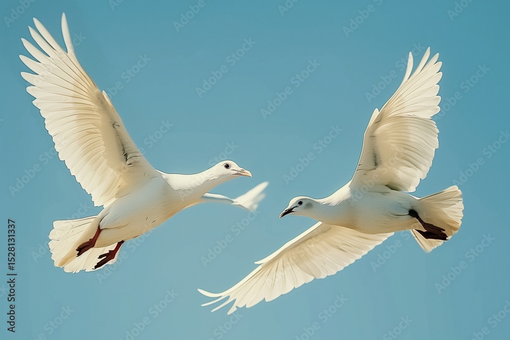Fototapeta premium Two Doves in Graceful Flight Against a Clear Blue Sky, Embodying Peace and Freedom