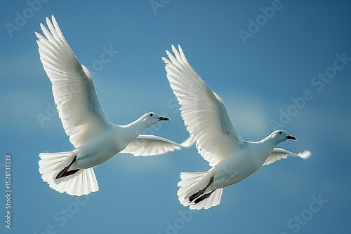 Two Majestic White Birds Soar Gracefully Against a Clear Blue Sky in Perfect Harmony