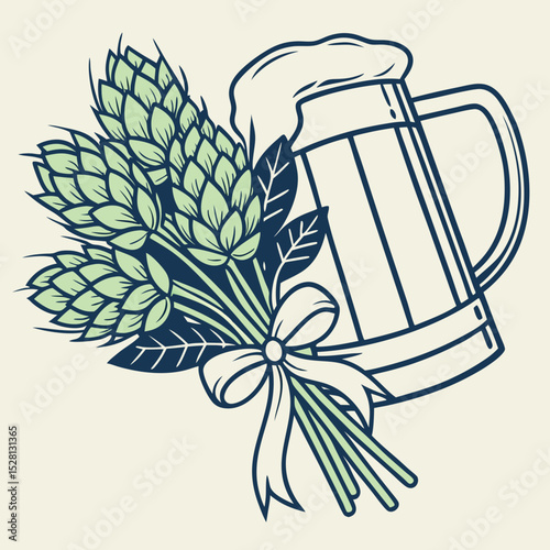 Beer mug with hop flowers and bow ribbon on light background  