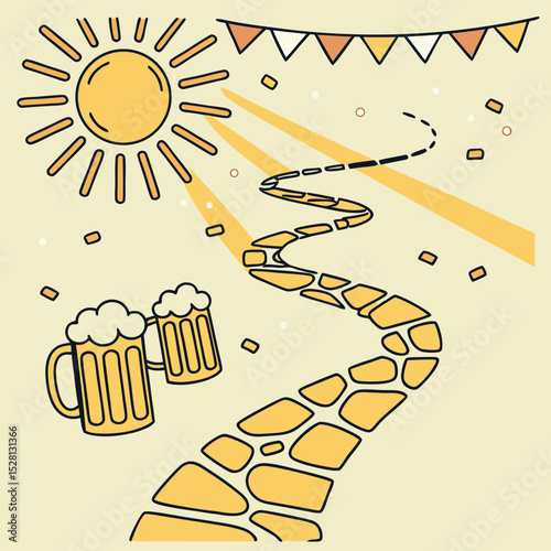 Sunny pathway with beer mugs and festive banners illustration  