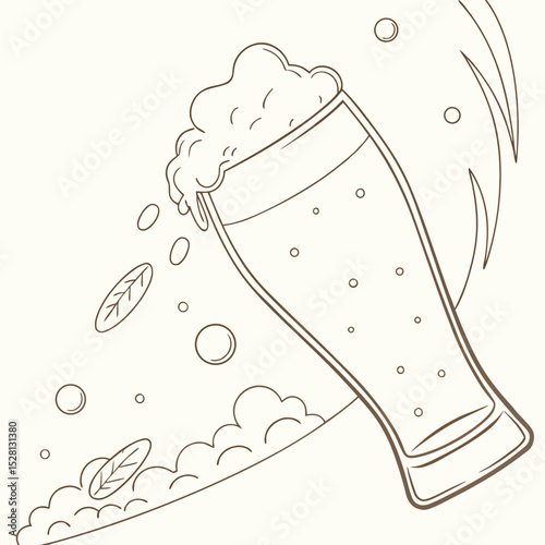 Beer glass overflowing with foam and bubbles in minimal style  