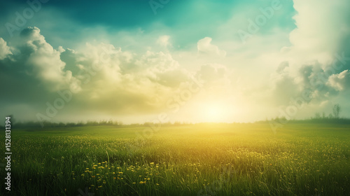 green field and blue sky. field and clouds