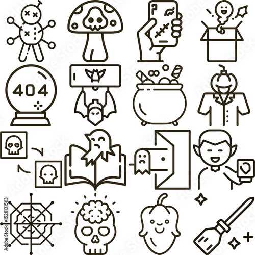 Halloween Icons in Linear Style Voodoo Doll, Ghost, Skull, Bat, Vampire, Witch, and Broom