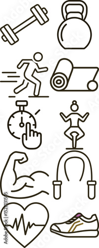 Fitness Outline Icons Featuring Dumbbell, Kettlebell, Runner, Yoga, Heart, and Running Shoe