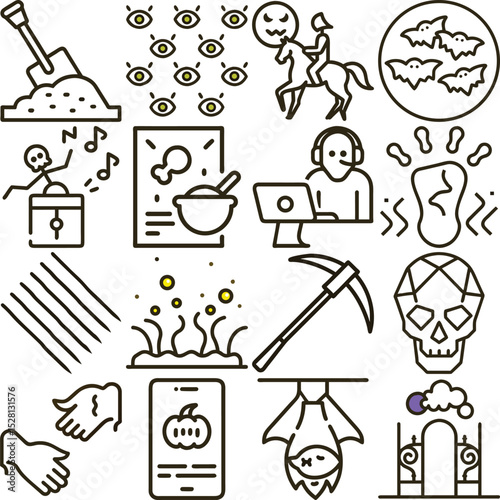 Halloween Icons Spooky Drawings of Bat, Skull, Eyes, Pumpkin, Food, Gate, and More