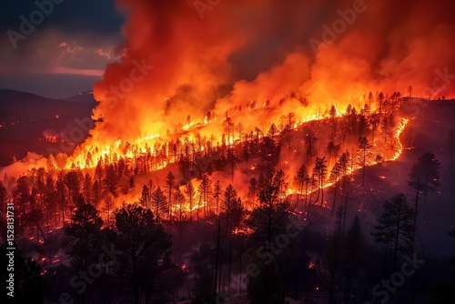 Raging Wildfire Sweeps Through Forest Hills Under Dramatic Night Sky with Intense Flames
