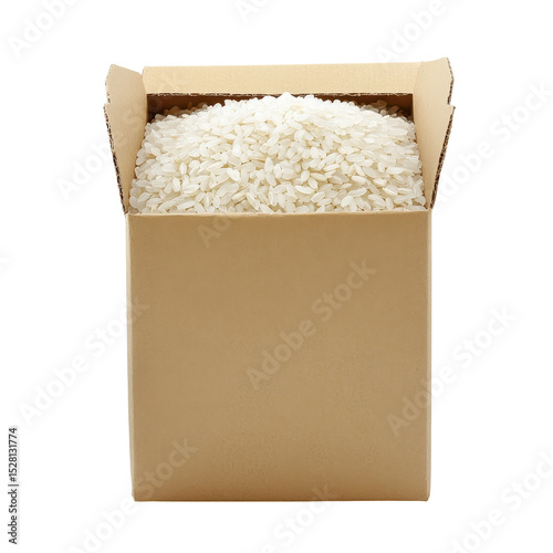 Box filled with uncooked white rice ready for cooking or packaging