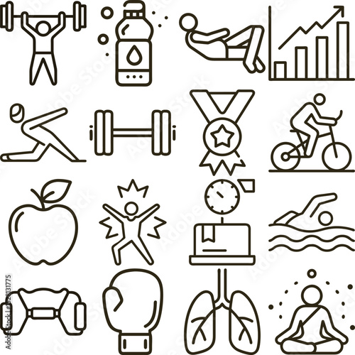 Line Art Fitness and Wellness Icons Weightlifting, Cycling, Swimming, Meditation, Healthy Eating and Success