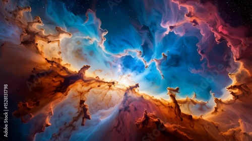 Wallpaper Mural Majestic nebula cloudscape with vibrant blue, orange, and red hues in deep space environment, suitable for science and artistic themes. Torontodigital.ca