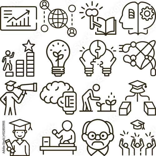 Line Art Icons Depicting Business Growth, Education, Global Connections, and Cognitive Development Concepts