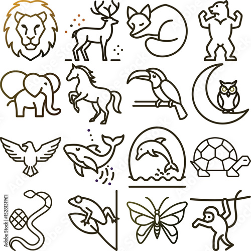 Line Art of Diverse Animals Lion, Deer, Fox, Bear, Elephant, Horse, Toucan, Owl, Eagle, Whale
