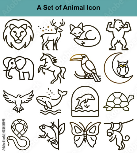 Linear Animal Icon Set Lion, Deer, Fox, Bear, Elephant, Horse, Bird, Owl and More!
