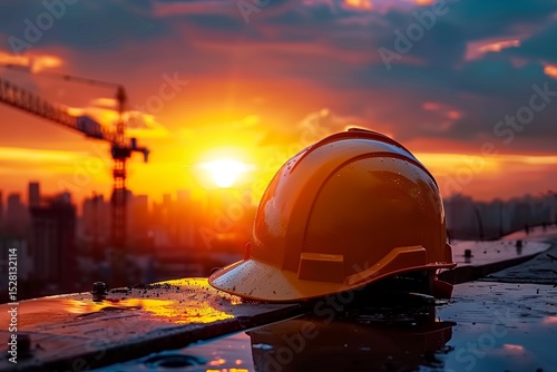 Sunset Over Construction Site: A Tranquil Moment Amidst Urban Development and Progress