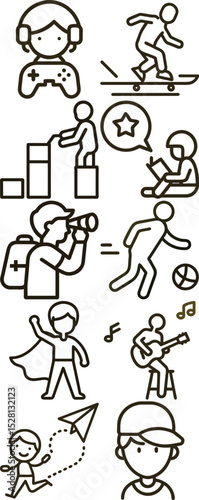 Outlined Icons Depicting Various Children's Activities, Hobbies, and Interests for Creative Projects and Designs