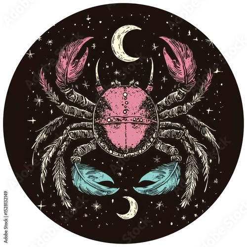 Cancer zodiac illustration in Boho style on black background