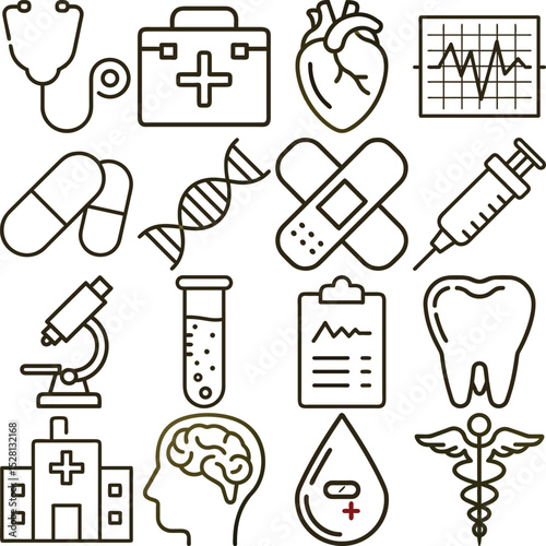 Outlined Medical Icons Stethoscope, First Aid Kit, Heart, EKG, Pills, DNA, Bandage, Syringe and More
