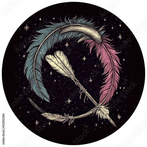 Colorful sagittarius zodiac illustration in Boho style on black background