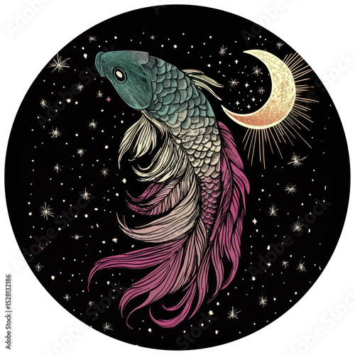 Pisces zodiac illustration in Boho style on black background