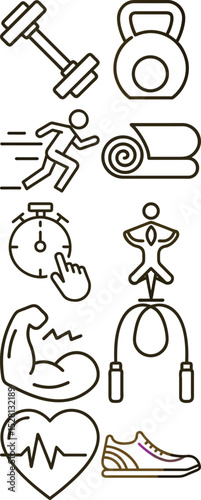 Outlined Icons Dumbbell, Kettlebell, Runner, Yoga Mat, Timer, Yoga Pose, Muscle, Jump Rope, Heartbeat, Sneaker