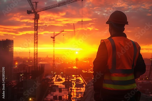 Construction Worker Overseeing Cityscape at Vibrant Sunset on Rooftop With Tower Cranes
