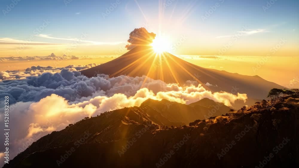 Erupting volcano landscape at sunrise showing mountain ranges, cloudscape, plumes of smoke, and beaming golden light illuminating the scenery.