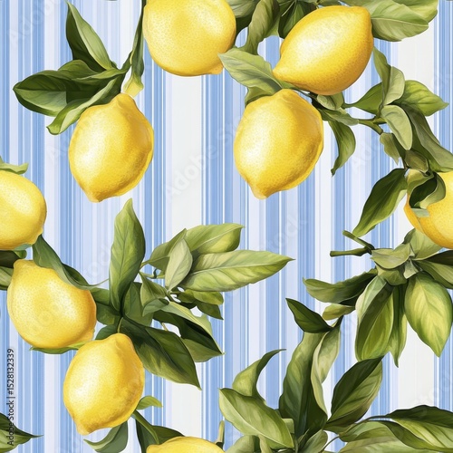 Bright lemons with green leaves against blue striped background