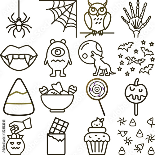 Spooky Halloween Line Art Icons Spider, Web, Owl, Skeleton Hand, Vampire Teeth, and Treats