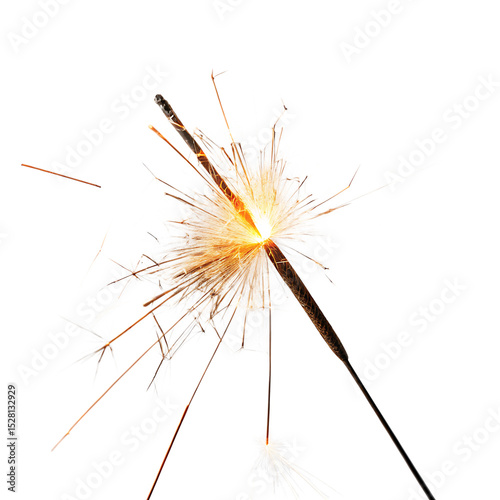A single handheld sparkler emitting bright glowing sparks isolated on a transparent background