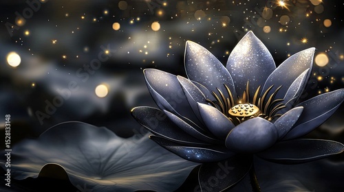 A detailed close-up of a dark, glittery lotus flower.