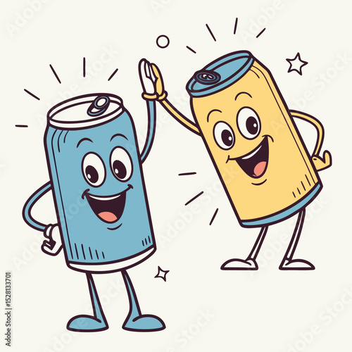 Cartoon soda cans high-fiving with happy expressions  