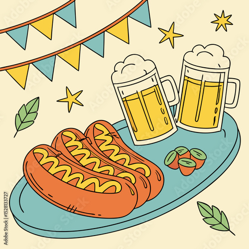 Hot dogs and beer glasses on serving platter with festive decorations  