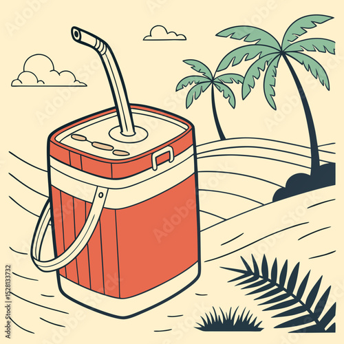 Vintage cooler with straw under palm trees on a sunny beach  